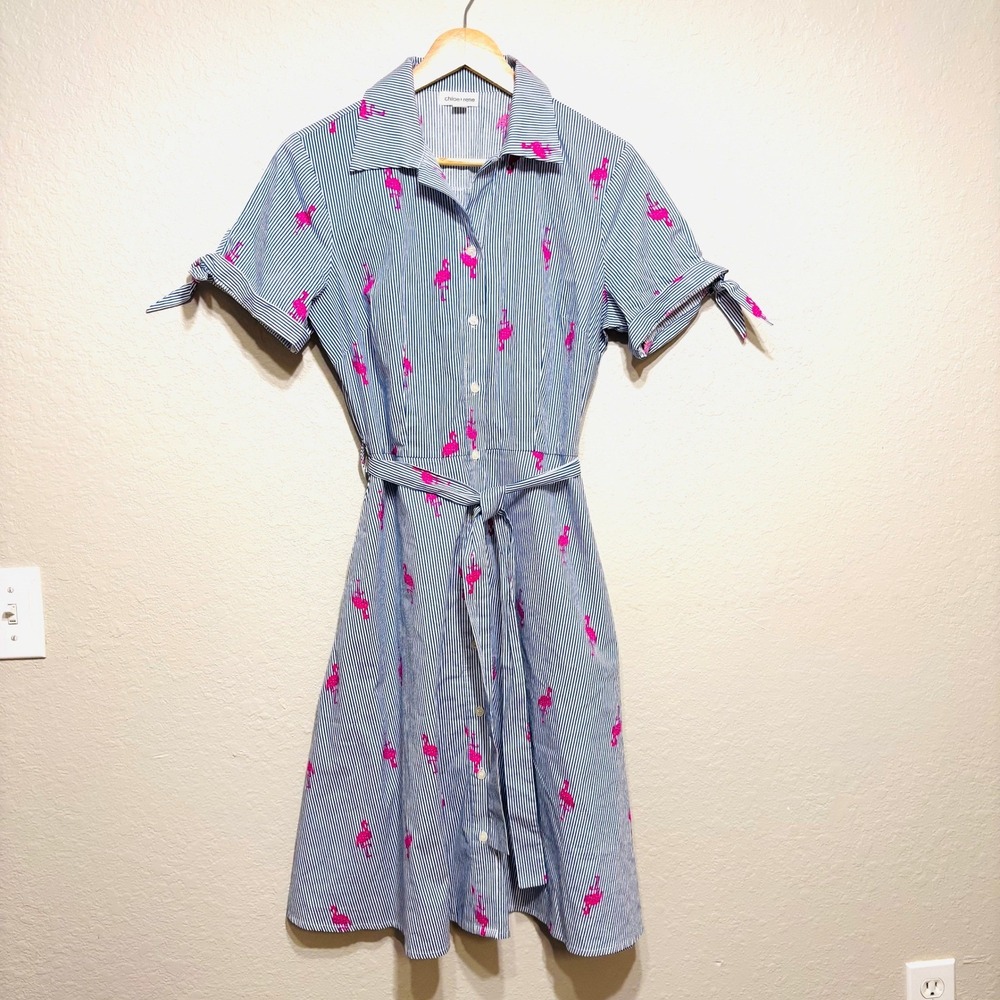 Chloe + Rene Button-Up Tropical Resort Belted Flamingo A-Line Midi Dress Sz S